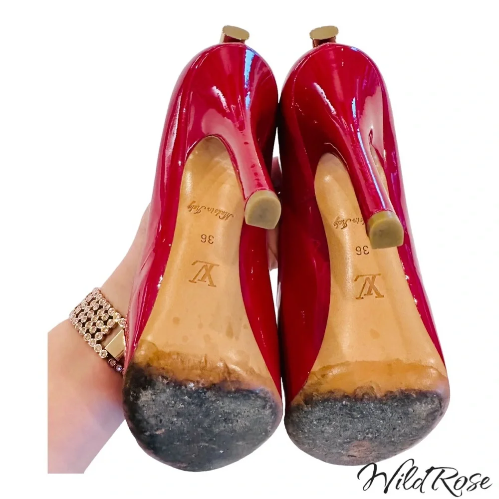 LOUIS VUITTON LV Gold Padlock Pink Patent “Oh Really” Platform Peep Toe Pumps 36 - Picture 8 of 16